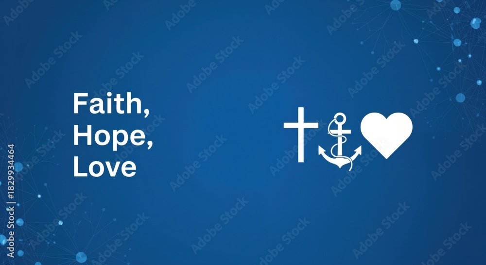 Naklejka premium Faith, Hope, Love - Christian virtues represented by cross, anchor, and heart symbols on a blue background with network dots