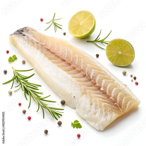 Raw cod fillet isolated on a white background showcasing fresh fish, ideal for cooking, recipes, healthy meals