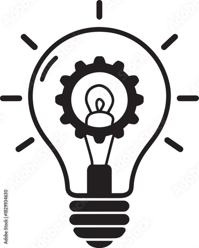 Creative idea generating process represented by lightbulb gear and light symbol
