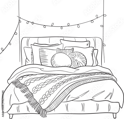 Comfortable bed with pillows and blanket outline on transparent background vector
