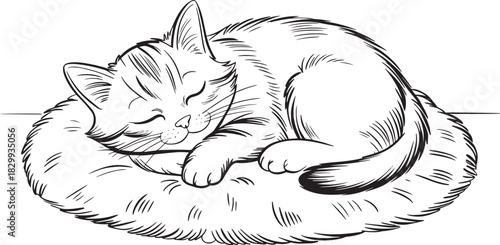 Cozy sleeping cat curled up on fluffy cushion or pillow in simple vector design