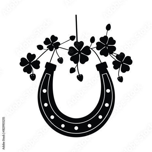 Black Silhouette of Horseshoe with Four Leaf Clovers and Berries lucky clover shamrock