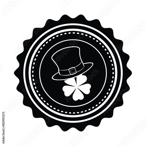 Black Silhouette of Leprechaun Hat and Four Leaf Clover Emblem shamrock lucky clover