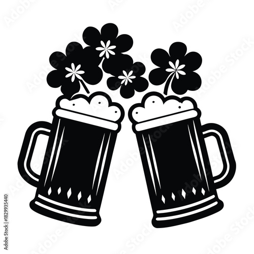 Two Beer Mugs Clinking With Shamrock Flowers On White