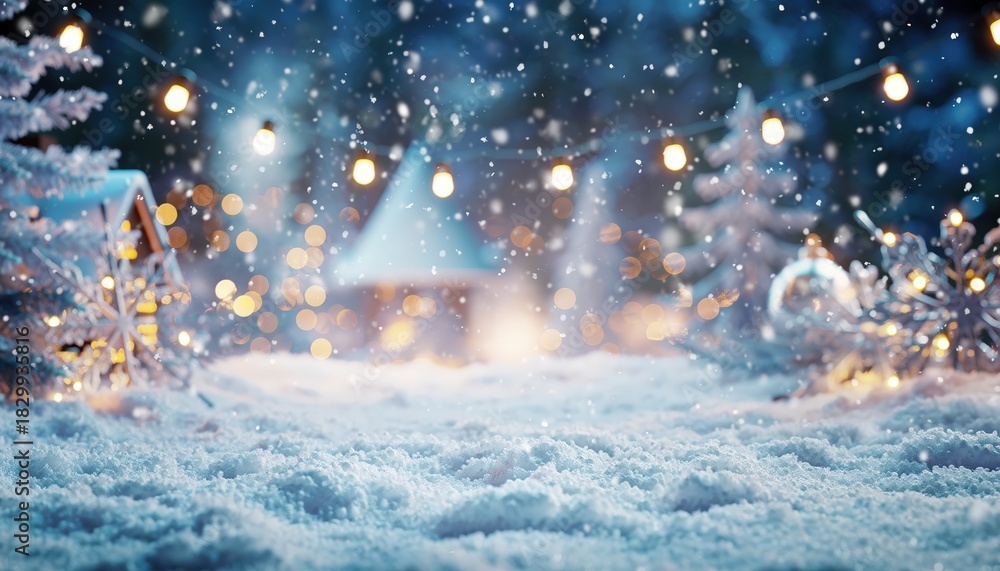 Fototapeta premium Winter wonderland celebration snowy landscape holiday lights outdoor festivities enchanted atmosphere magical snowfall cozy ambiance for a memorable season