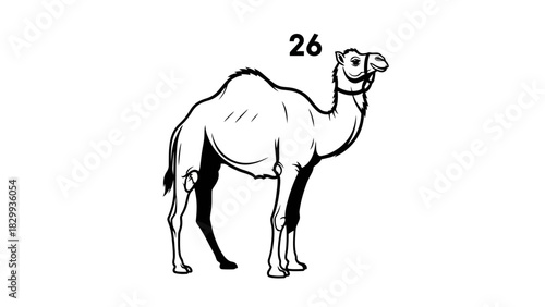 Majestic camel with number 26 in bold, a symbol of resilience and endurance in arid landscapes