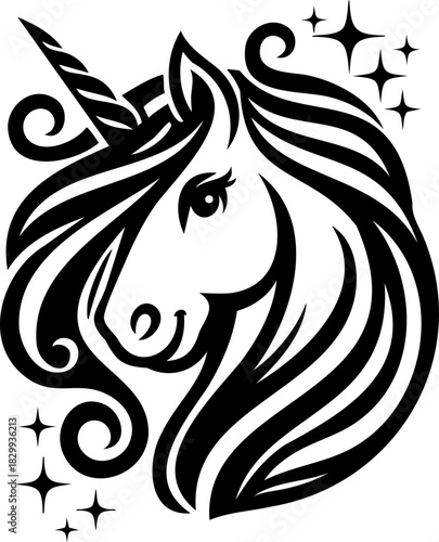 Cute black and white vector unicorn illustration with bold outlines and whimsical details, playful hand-drawn character on clean background for kids designs, creative projects and minimalist cartoon 