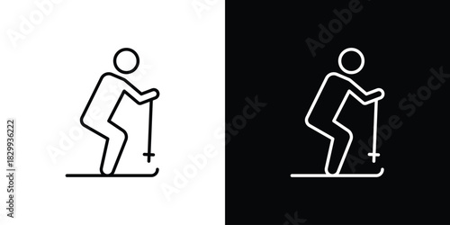 Skiing icons set with editable black and white stroke line style for ui designs