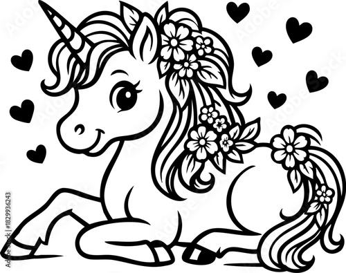 Cute lying unicorn with floral mane, charming black and white vector illustration with gentle outlines, whimsical fantasy character for kids designs, stickers and creative decorative projects