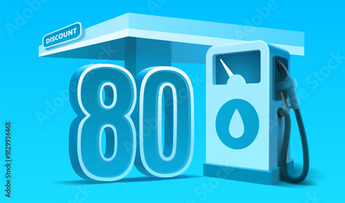 Gas station with 80 percent discount sign. Promotional concept.