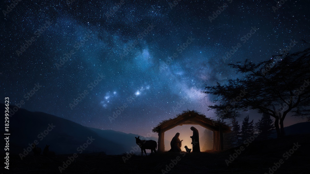 Fototapeta premium Nativity scene, Christian Christmas concept, Birth of Jesus Christ. Family with holy child in barn in dark blue night.