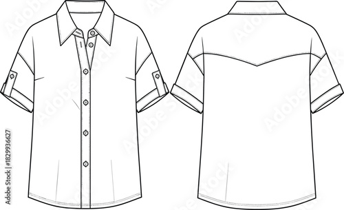 Technical vector fashion flat illustration of a short-sleeve button-down shirt with turn-up cuffs and back yoke detail, featuring front and back views, ideal for casual apparel design and production.