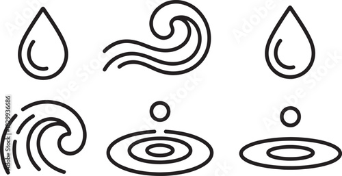 Water Drop & Wave Line Art Icons – Minimal Droplet and Wave Symbol Set for Design & Branding