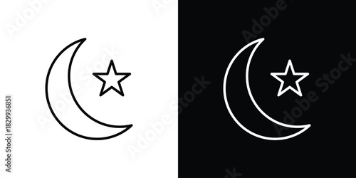 Star and crescent icons set with editable black and white stroke line style for ui designs
