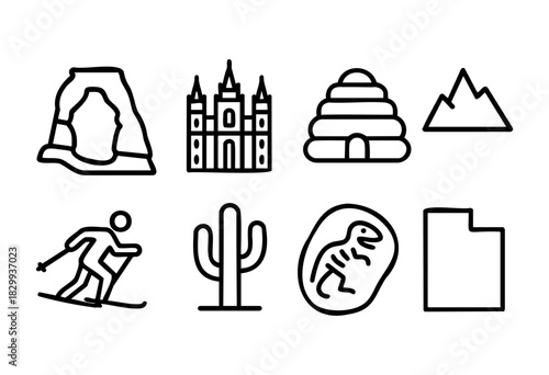 Set of Utah icons in clean bold-line style: arch, temple, beehive, mountain, skier, cactus, fossil, state outline.