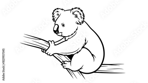 Adorable koala clinging to a branch in a charming line art style perfect for wildlife projects or educational materials