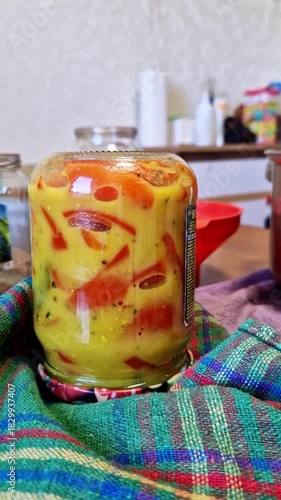 Close-up of a glass jar filled with red pepper slices and yellow marinade turned upside down. The preserved vegetables rest on a plaid kitchen towel during the canning process.