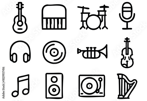 Set of music icons in bold-line minimalist style: guitar, piano, drums, microphone, headphones, record, violin, speaker, turntable, harp, music note.