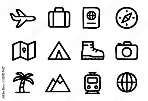 Set of travel icons in bold-line minimalist style: airplane, suitcase, passport, compass, map, tent, boot, camera, palm tree, mountain, train, globe.