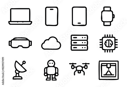 Set of technology icons in bold-line minimalist style: laptop, smartphone, tablet, smartwatch, VR headset, cloud, server, AI chip, satellite dish, robot, drone, 3D printer.