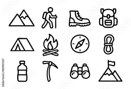 Set of hiking and adventure icons in bold-line minimalist style: mountain, hiker, boot, backpack, tent, campfire, compass, rope, water bottle, pickaxe, binoculars, summit flag.