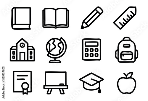 Set of education and school icons in bold-line minimalist style: book, open book, pencil, ruler, crayon, school building, globe, calculator, backpack, diploma, chalkboard, graduation cap, apple.
