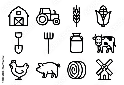 Set of farming and agriculture icons in bold-line minimalist style: barn, tractor, wheat, corn, shovel, rake, milk jug, cow, chicken, pig, hay bale, windmill.