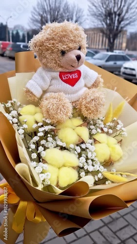 Close-up of a plush teddy bear wearing a 