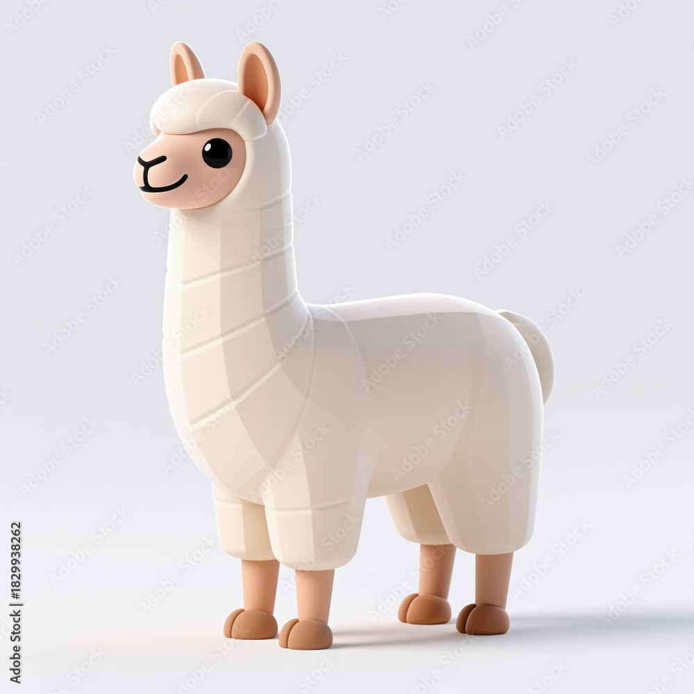 Obraz premium A stylized, low-poly llama with a smiling face and white fur on a plain white background, symbolizing friendliness and approachability.