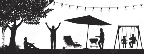 Black Silhouette of a Happy Family and Friends Having a Summer Backyard Barbecue Party, Featuring a Grill, Swings, a Tree, and Decorative String Lights for Leisure Time