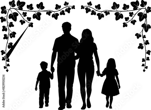 Black Silhouette of a Happy Family Walking Together, Framed by Decorative Ivy Vine Branches, Illustrating Parenthood, Love, and Secure Family Bonds