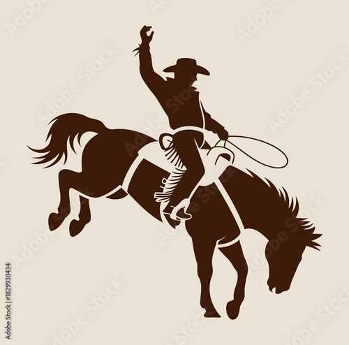 Wild West Cowboy Lassoing in Action on Bucking Horse Illustration