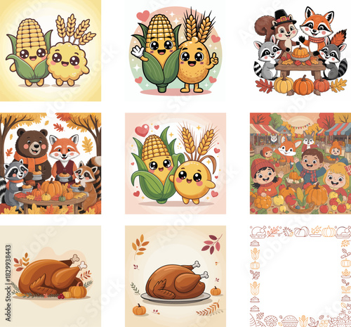 Cute cartoon illustration of thanksgiving food characters and harvest scene
