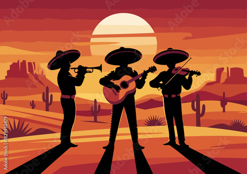 Traditional Mexican Mariachi Musicians Performing in Desert Landscape
