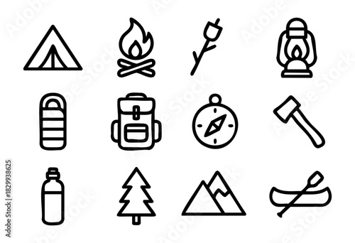 Set of camping icons in bold-line minimalist style: tent, campfire, marshmallow stick, lantern, sleeping bag, backpack, compass, axe, water bottle, tree, mountain, canoe.