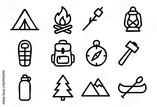 Set of camping icons in bold-line minimalist style: tent, campfire, marshmallow stick, lantern, sleeping bag, backpack, compass, axe, water bottle, tree, mountain, canoe.
