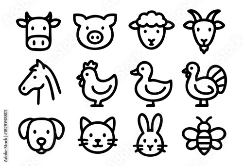 Set of farm animal icons in bold-line minimalist style: cow, pig, sheep, goat, horse, chicken, duck, turkey, dog, cat, rabbit, bee.