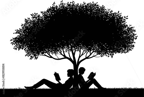 Peaceful silhouette of a young couple reading books back-to-back under the shade of a large, lush tree, symbolizing knowledge, nature, and shared quiet leisure time.