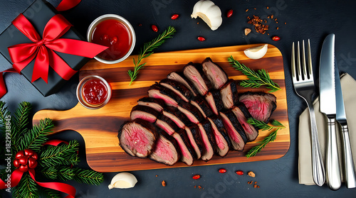 Festive Steak Dinner — Sliced Beef on Artisan Board with Christmas Gifts & Cutlery