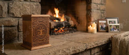 Wallpaper Mural Elegant wooden urn beside a cozy fireplace with candles   Torontodigital.ca