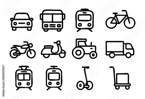 Set of minimalist land transport icons in bold-line style: car, bus, train, bicycle, motorcycle, scooter, tractor, truck, tram, segway, and cart.