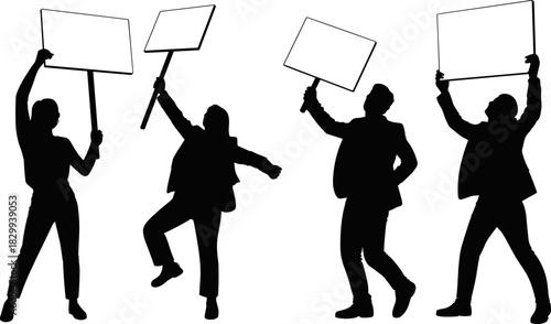 Set of Black Silhouettes of Activists and Protesters Holding Blank White Signs and Banners High Above Their Heads for Demonstration, Strike, or Political Rally