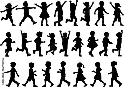 Set of Black Silhouettes Featuring Diverse Happy Children Running, Walking, and Jumping with Hands Raised, Illustrating Active Childhood, Fun, and Movement in a Collection