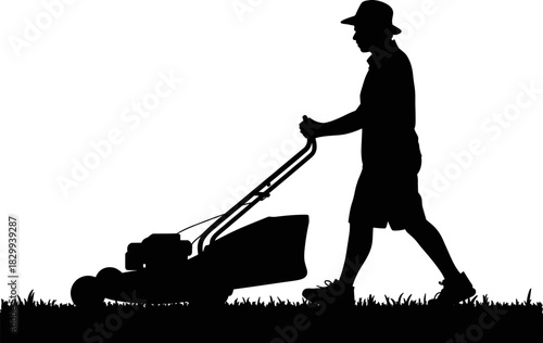 Silhouette of a man wearing a sun hat and shorts, walking while pushing a gas lawn mower across a grassy yard, symbolizing home maintenance and gardening work.