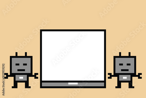 Cartoon pixel art of humanoid robot learning toy robotic engineer bot machine business vector character automation electronic background 8 bit artificial intelligence android cyber.