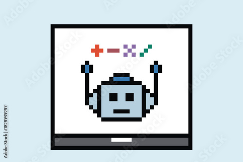 Cartoon pixel art of humanoid robot learning toy robotic engineer bot machine business vector character automation electronic background 8 bit artificial intelligence android cyber.