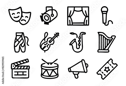 Set of minimalist performing arts icons in bold-line style: theater masks, stage, spotlight, microphone, ballet shoes, violin, saxophone, harp, drum, megaphone, clapperboard, and ticket.
