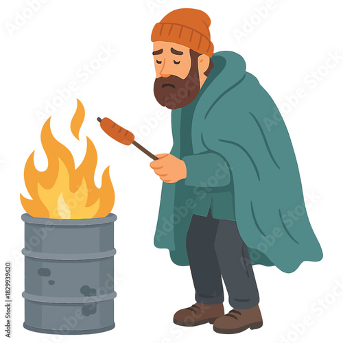 Sad homeless man with beard and orange beanie cooking sausage over fire burning in metal barrel outdoors, isolated on