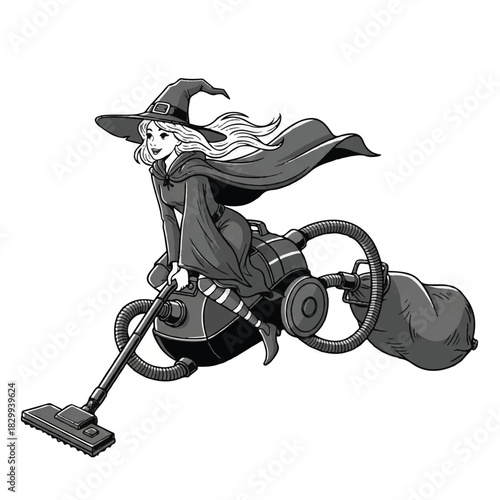 Whimsical witch rides a vacuum cleaner as a magical broom in a playful illustration.