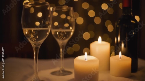 白いテーブルに置かれたキャンドルとワイングラス